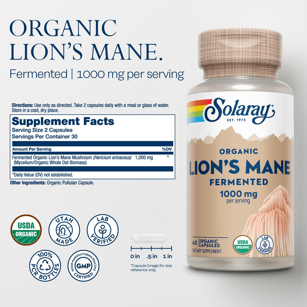 SOLARAY Organically Grown Fermented Lion's Mane Mushroom, 500 mg, 60 Count