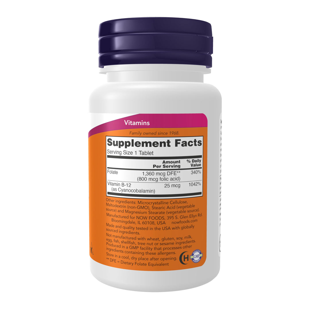 NOW Folic Acid 800 mcg with B12 Tablets, 250 Count
