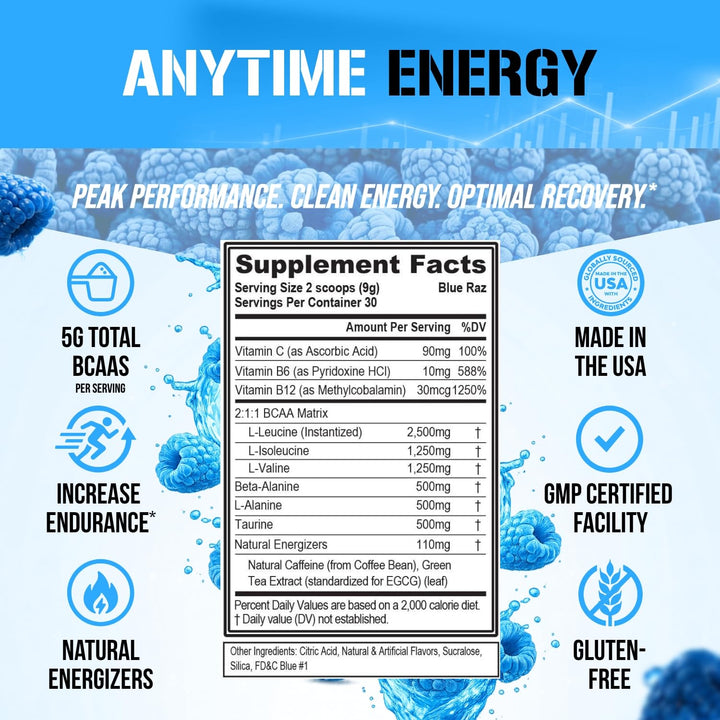 Evlution BCAA Energy Amino Acid Supplement, Blue Raz, 30 Servings