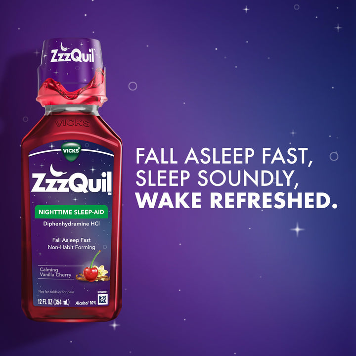 ZzzQuil Nighttime Sleep Aid Liquid, Calming Vanilla Cherry, 50 mg, 12 fl oz