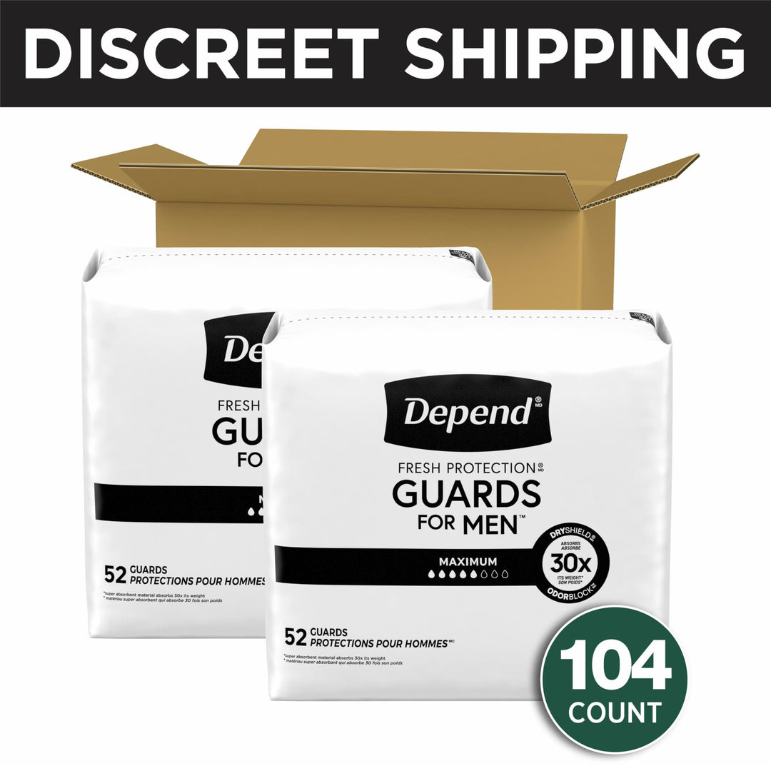Depend Incontinence Guards For Men, Maximum Absorbency, 104 Count, Pack of 2
