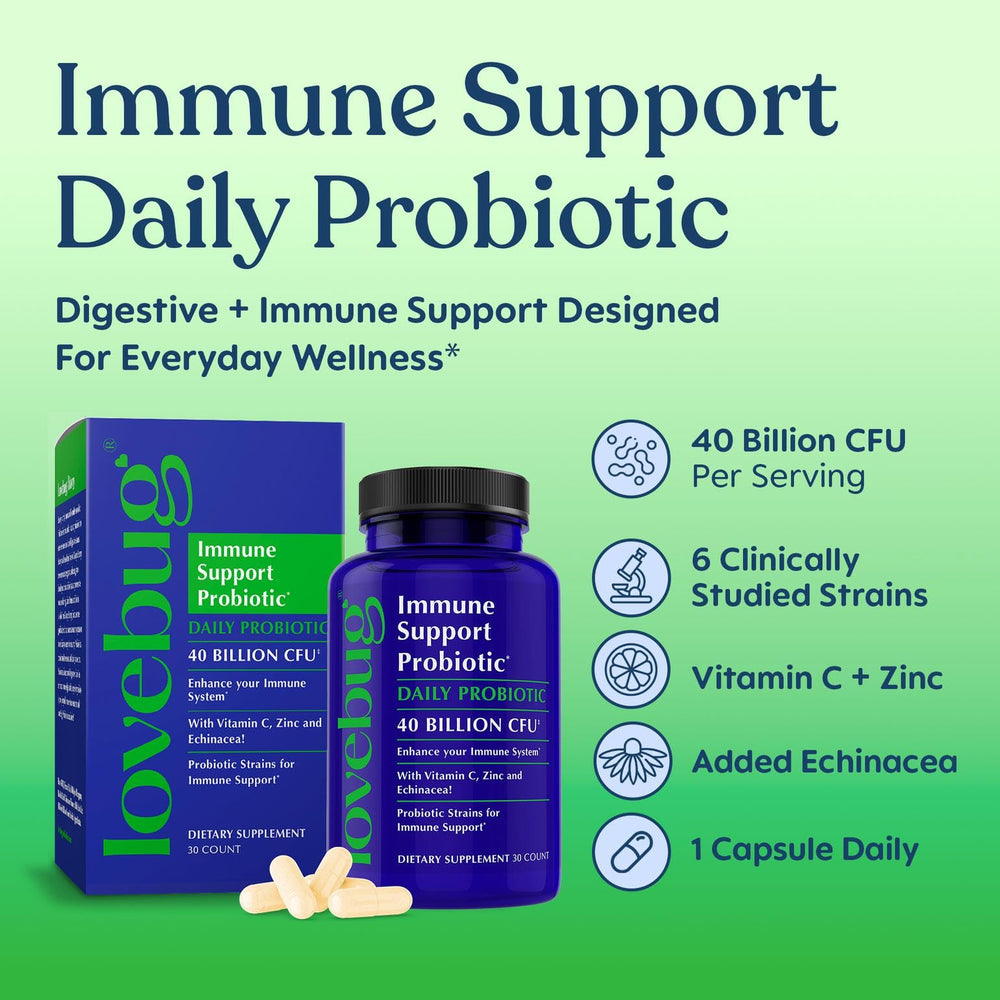 LOVEBUG Probiotics Immune Support Capsules, 40 Billion CFU, 30 Count
