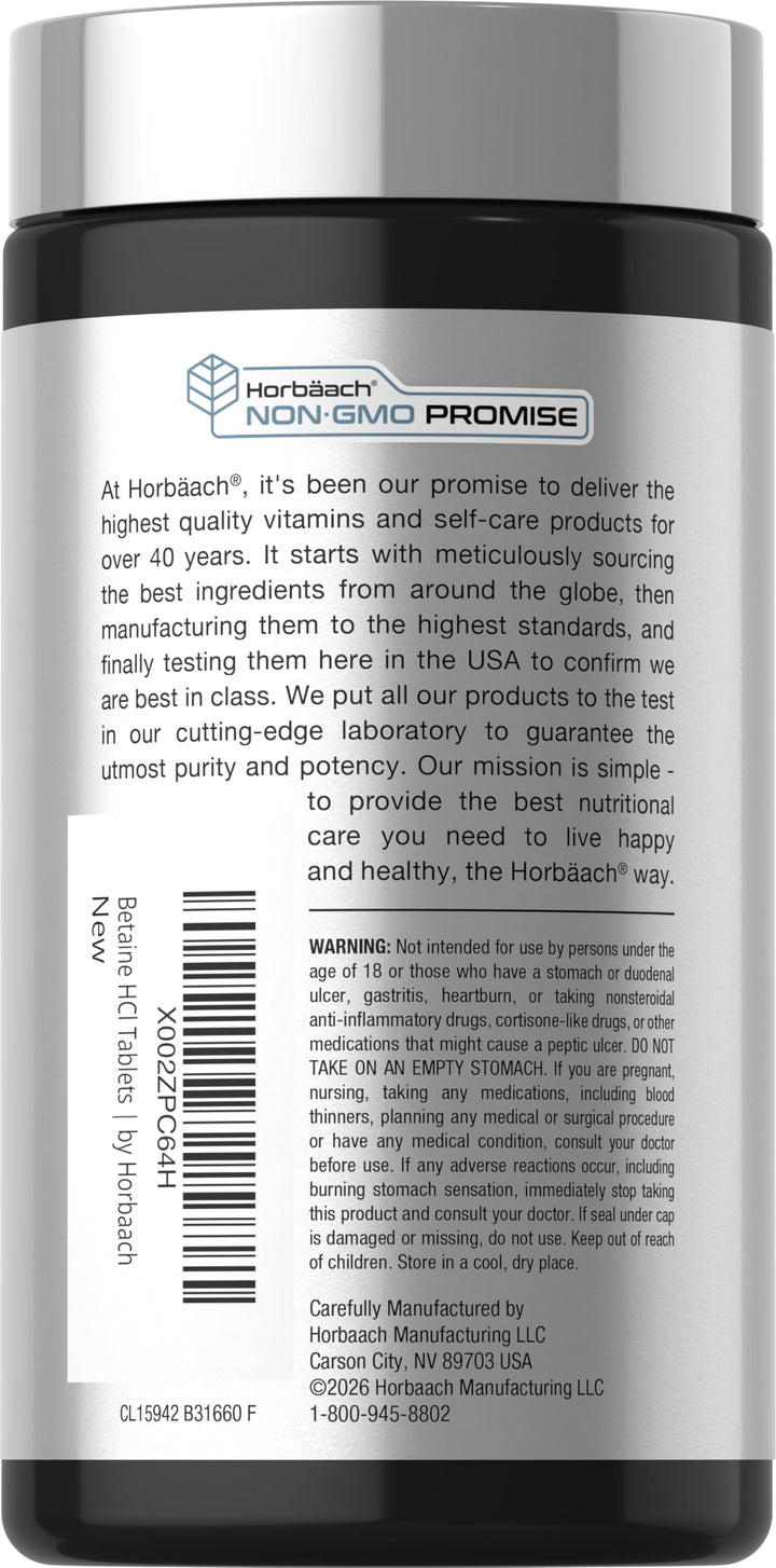 Horbäach Betaine HCl With Pepsin, 250 Count