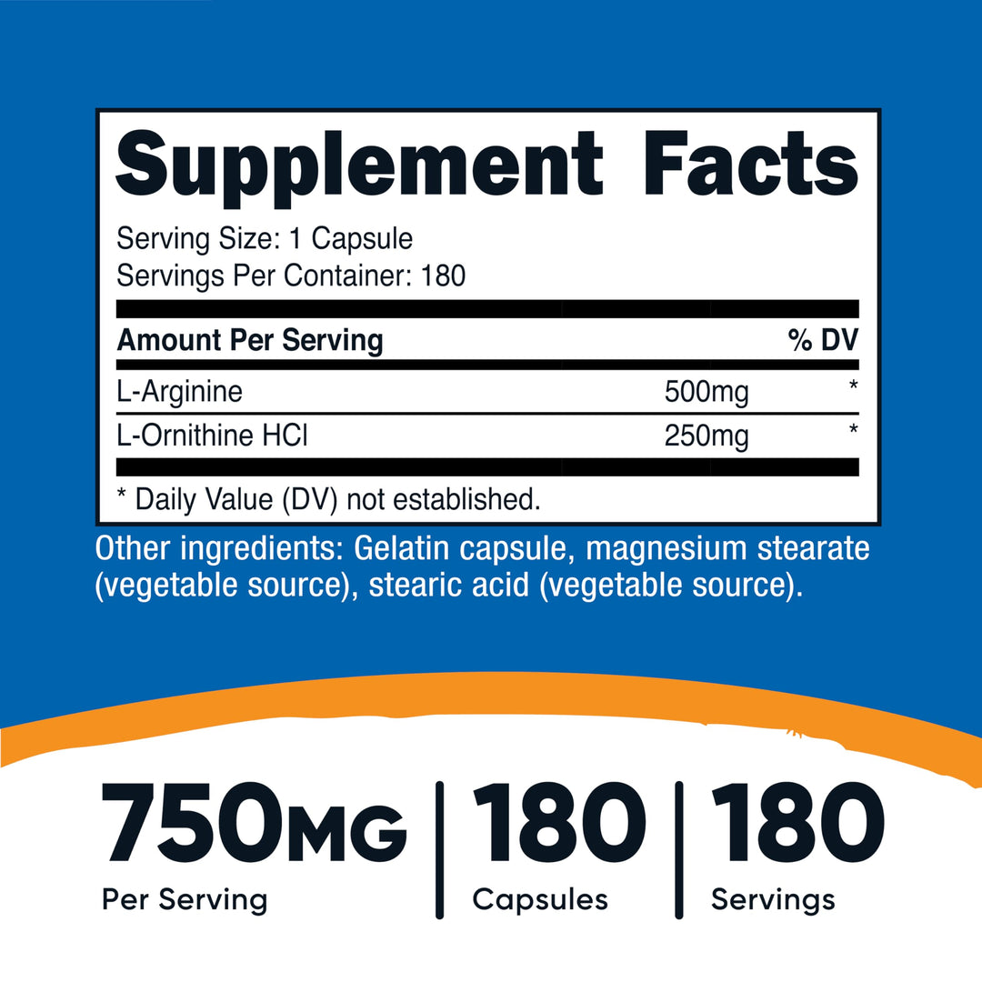 Nutricost L-Arginine L-Ornithine, 750 mg, 180 Count