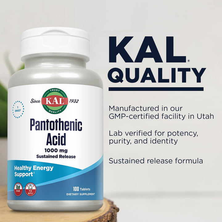 KAL Pantothenic Acid Sustained Release Tablets, 1000 mg, 100 Count
