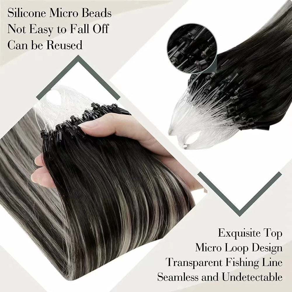 LaaVoo Micro Bead Hair Extensions, Off Black to Grey Silver, 16 Inch