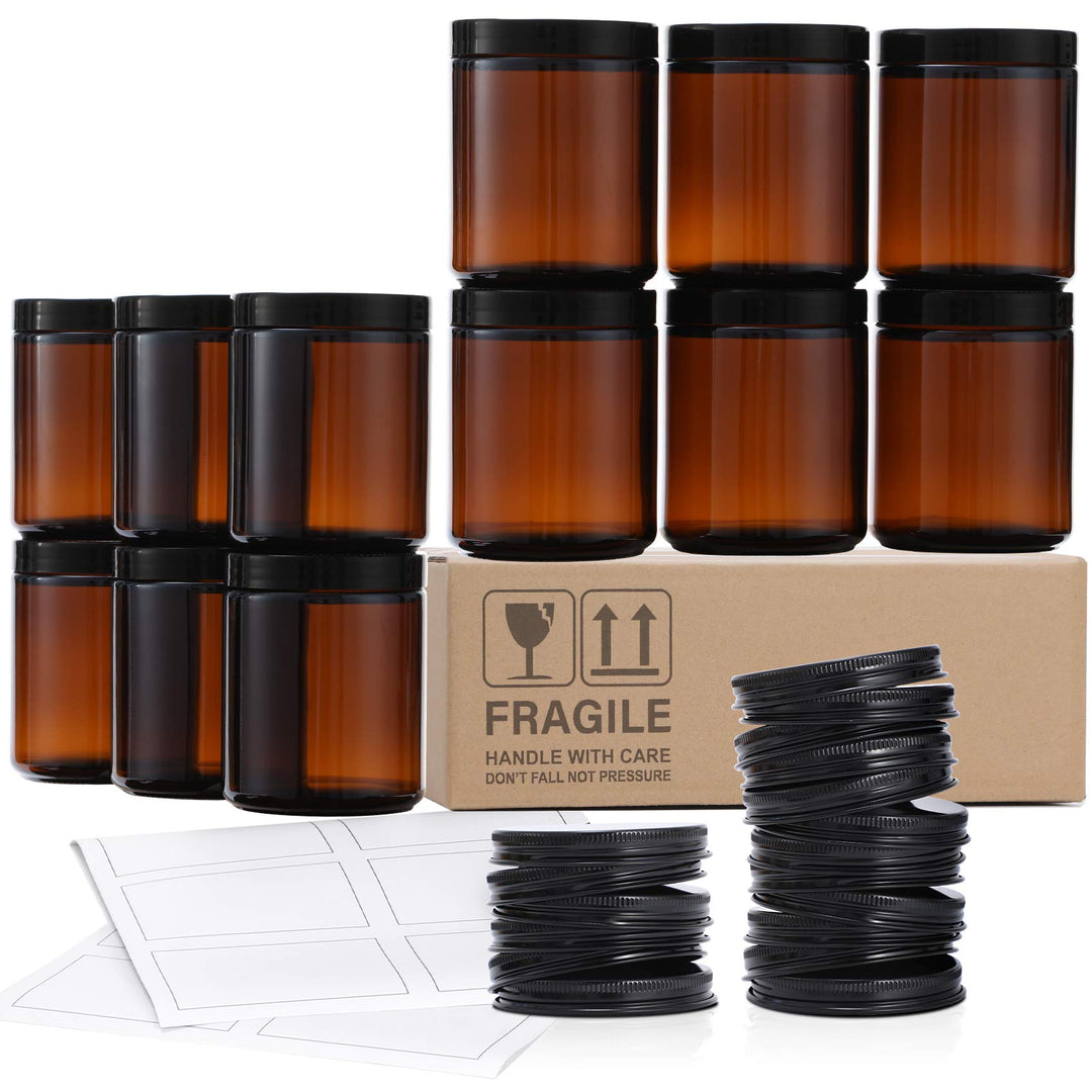 AOZITA Amber Round Glass Jars with Lids, 8 oz, 12 Count