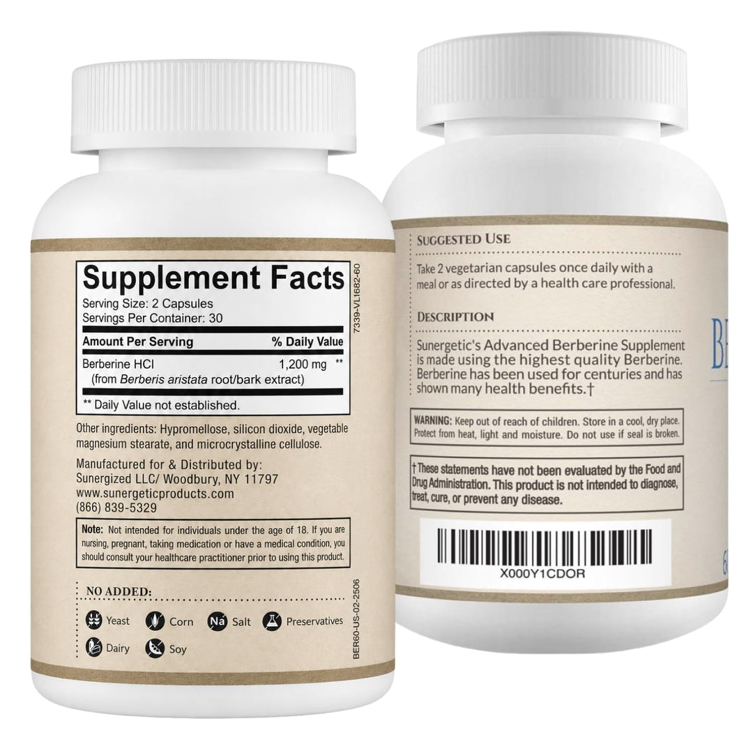 Sunergetic Berberine HCI, 1,200 mg, 60 Count