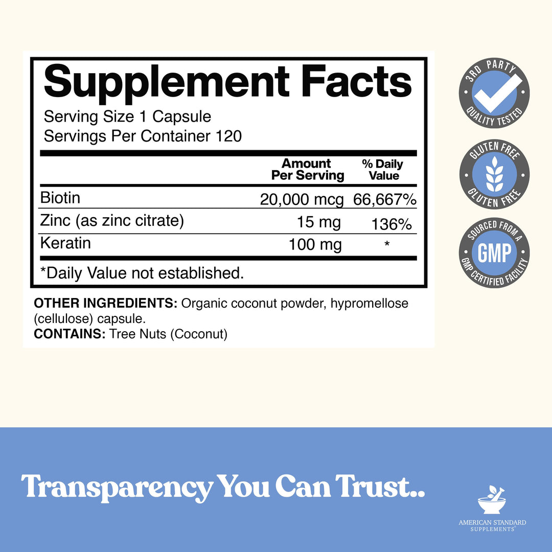 American Standard Supplements Biotin Coconut Zinc Capsules, 20000 mcg, 120 Count