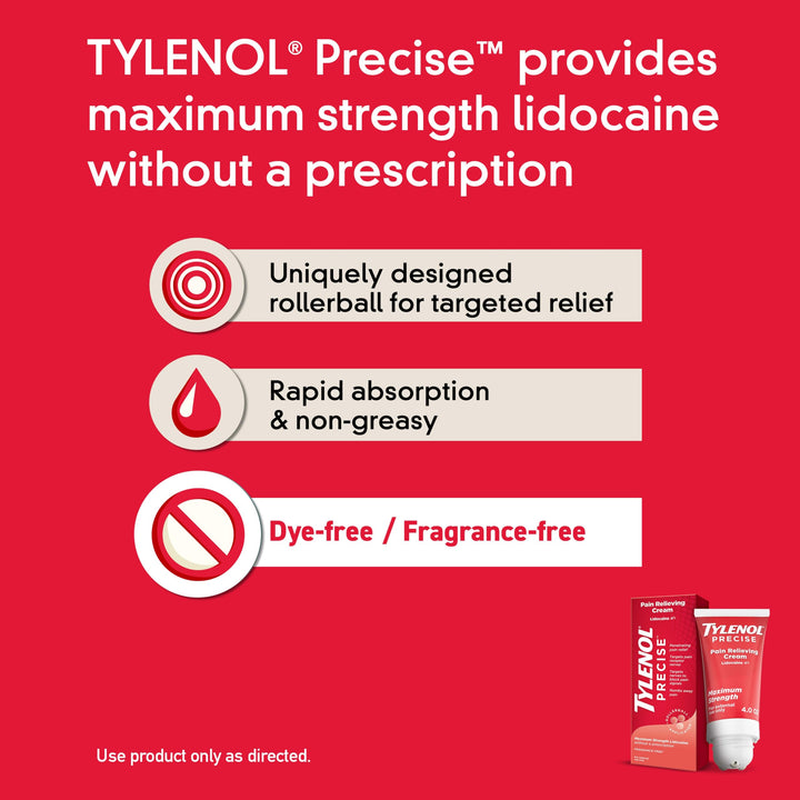 Tylenol Maximum Strength Lidocaine Pain Relieving Cream, Fragrance Free, 4 oz