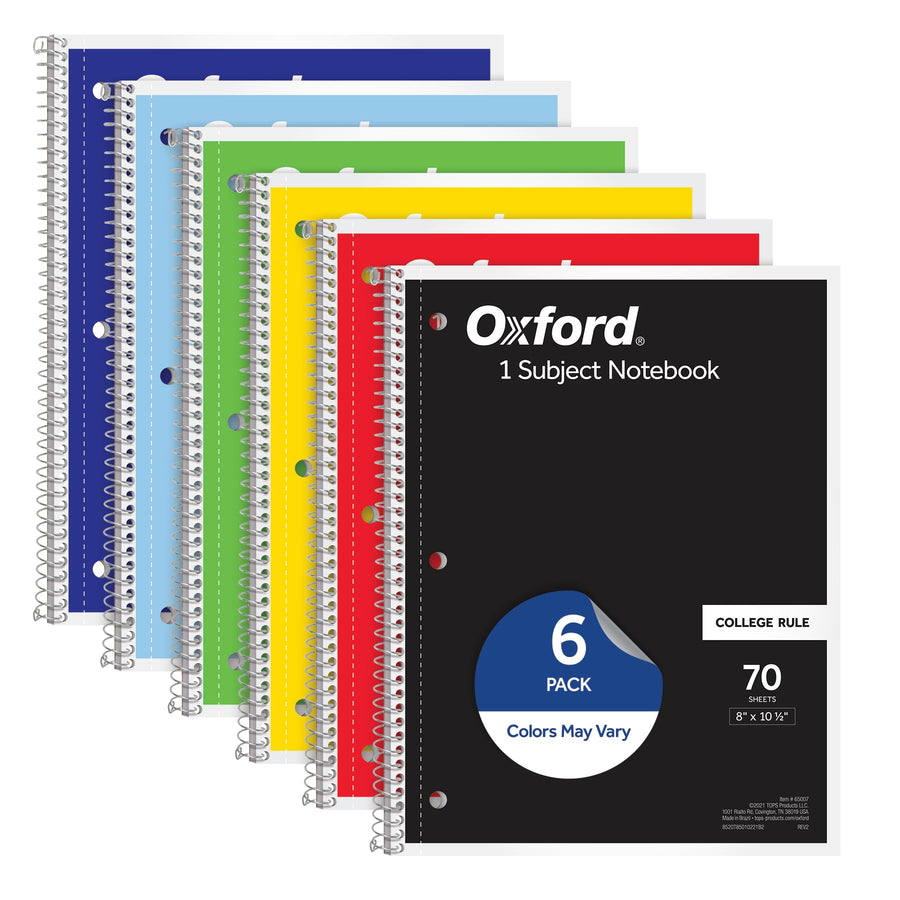 Oxford Spiral Notebook, 1 Subject, College Ruled, 6 Count, 8 x 10-1/2 in, Assorted Colors
