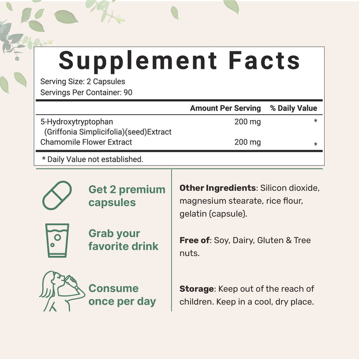 Micro Ingredients 5-HTP with Chamomile Flower Extract, 200 mg, 180 Count