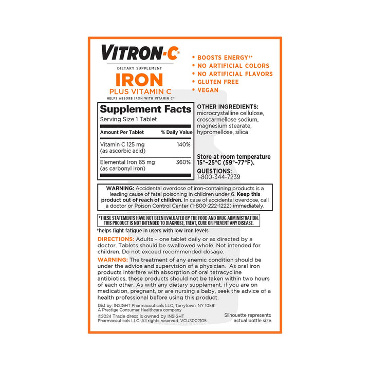 Vitron-C Iron Supplement Plus Vitamin C, 60 Count