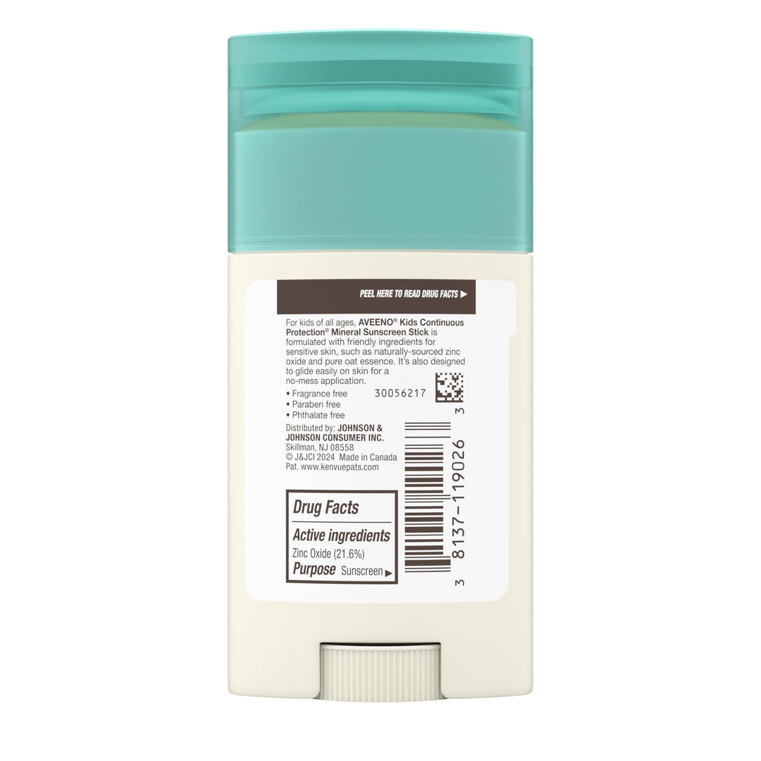 Aveeno Kids Continuous Protection Zinc Oxide Mineral Sunscreen Stick, SPF 50, 1.5 oz