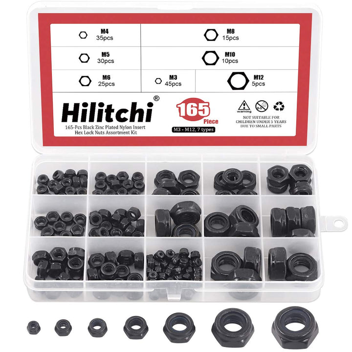 Hilitchi Hex Lock Nuts With Nylon Insert, Black Zinc Plated, 165 Count