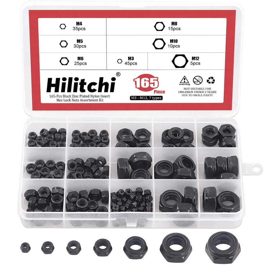 Hilitchi Hex Lock Nuts With Nylon Insert, Black Zinc Plated, 165 Count