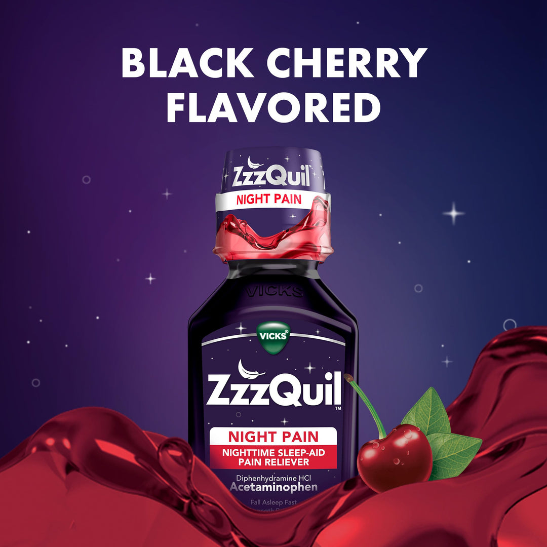 ZzzQuil Nighttime Pain Relief Sleep Aid Liquid, Black Cherry, Max Strength, 12 fl oz, Pack of 2