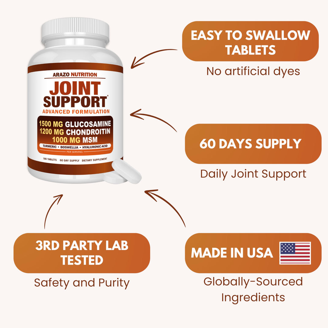 Arazo Nutrition Glucosamine Chondroitin Turmeric MSM Boswellia Joint Support Supplement, 180 Count