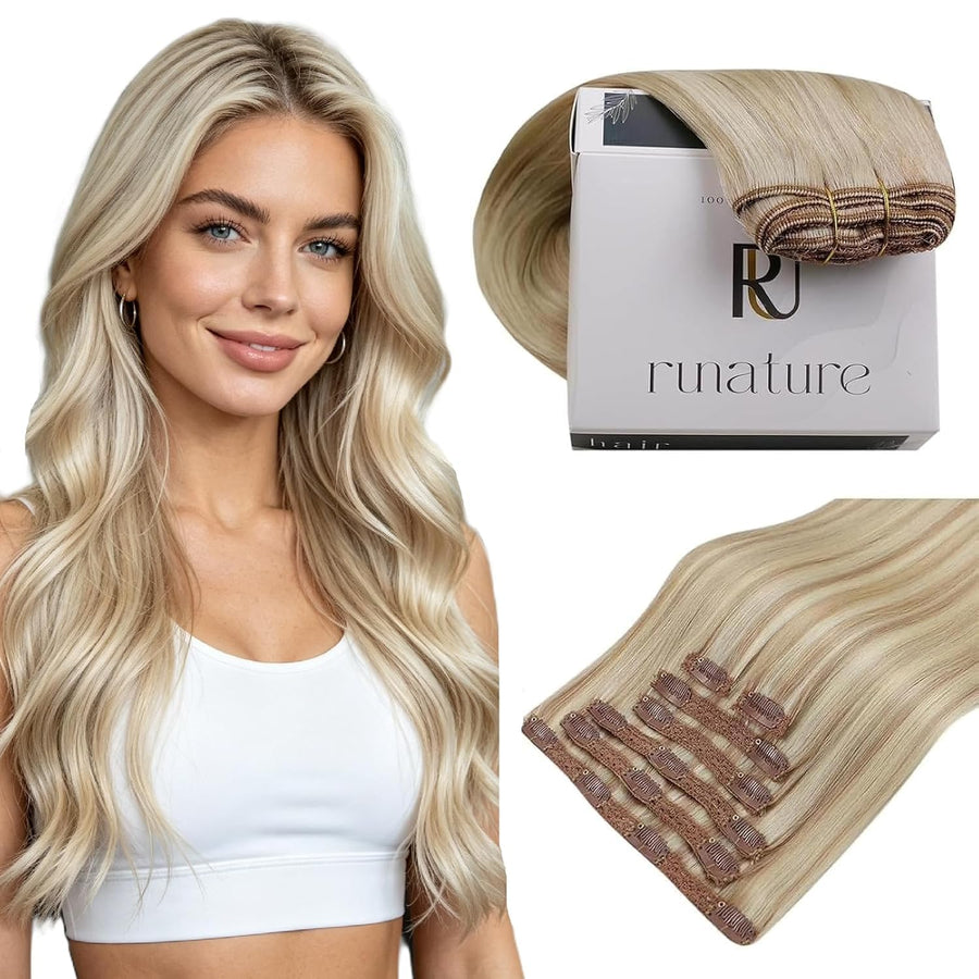 RUNATURE Hair Extensions Clip In, Ash Blonde, 14 Inch