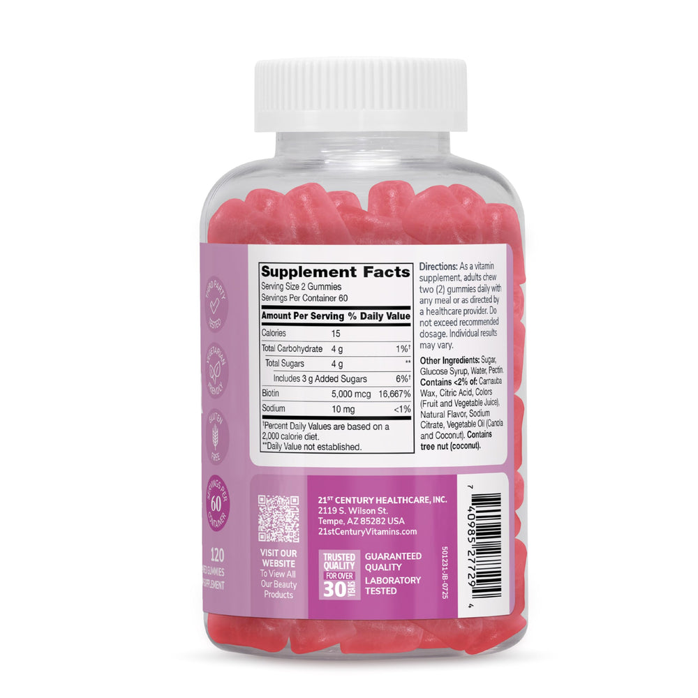 21st Century Biotin 5000mcg Gummies, Strawberry, 120 Count