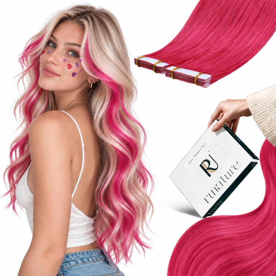 RUNATURE Tape in Hair Extensions Human Hair, Hot Pink, 20 Inch 25g 10 Count