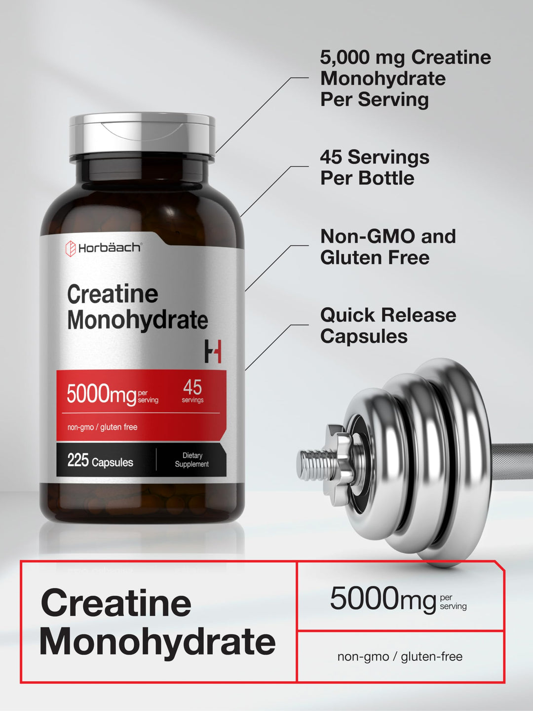 Horbäach Creatine Monohydrate Capsules, 5 g, 225 Count