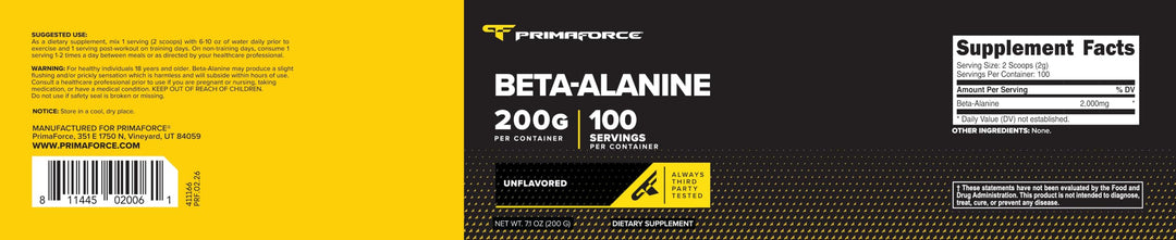 Primaforce Beta Alanine Powder, Unflavored, 200 g