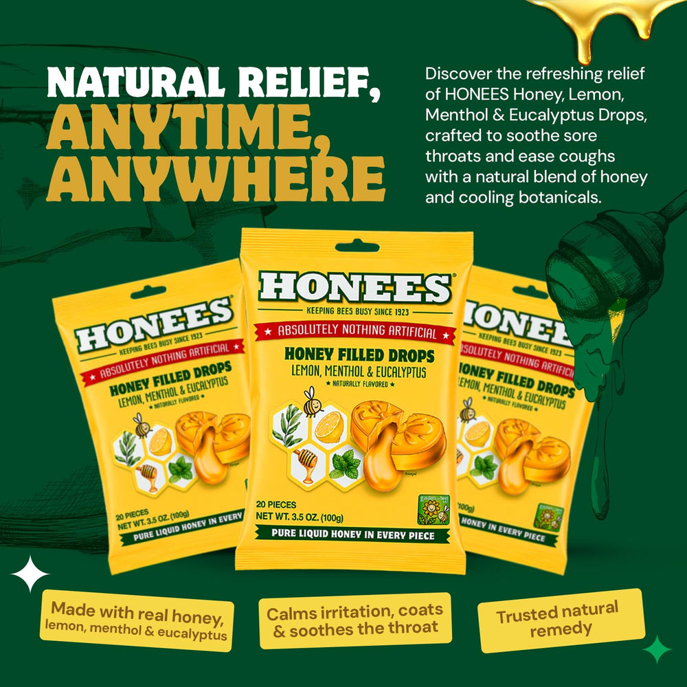 Honees Honey Lemon Cough Drops, Lemon, 60 Count, Pack of 3
