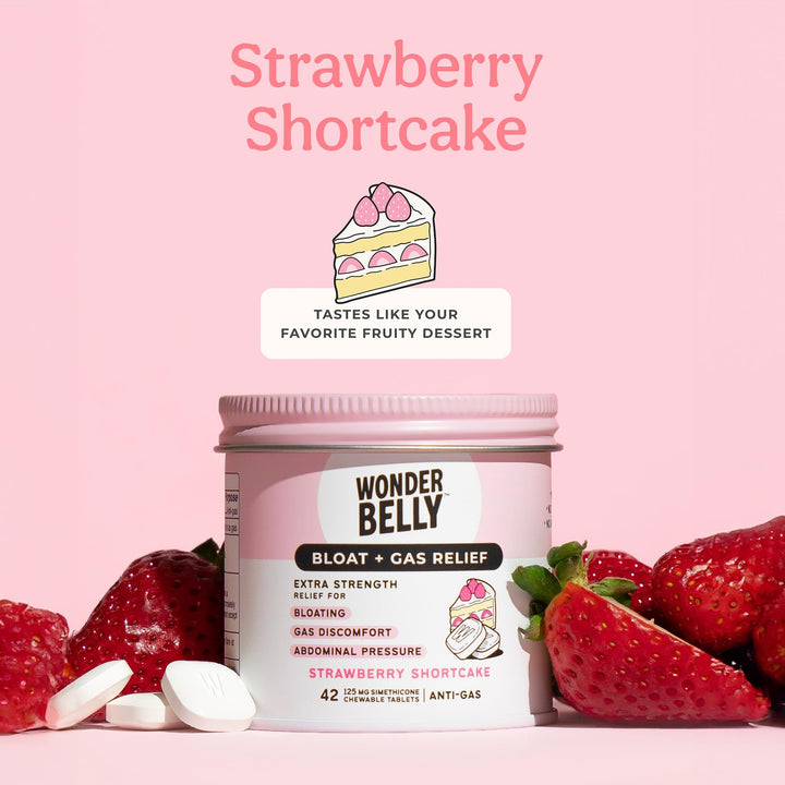 Wonderbelly Bloat + Gas Relief Chewable Tablets, Extra Strength, Strawberry Shortcake, 42 Count
