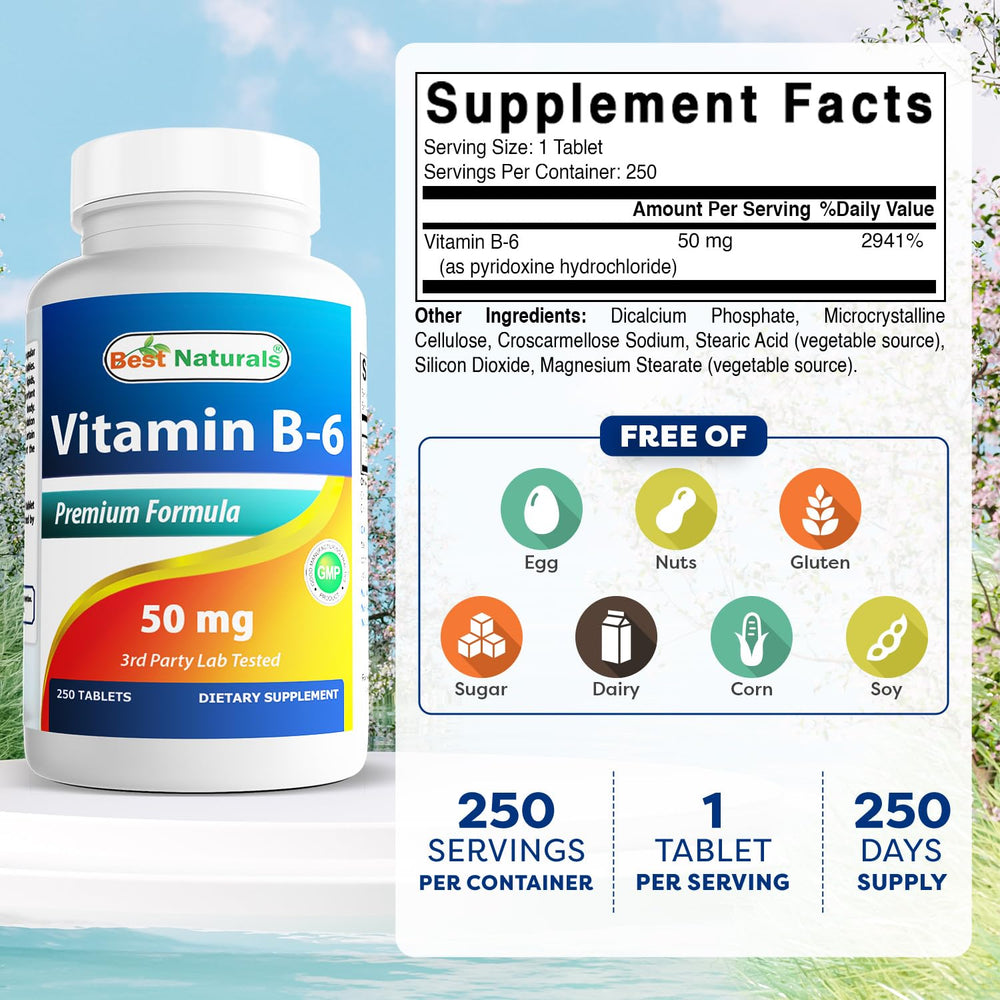 Best Naturals Vitamin B6 Tablets, 50 mg, 250 Count