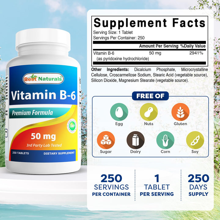 Best Naturals Vitamin B6 Tablets, 50 mg, 250 Count