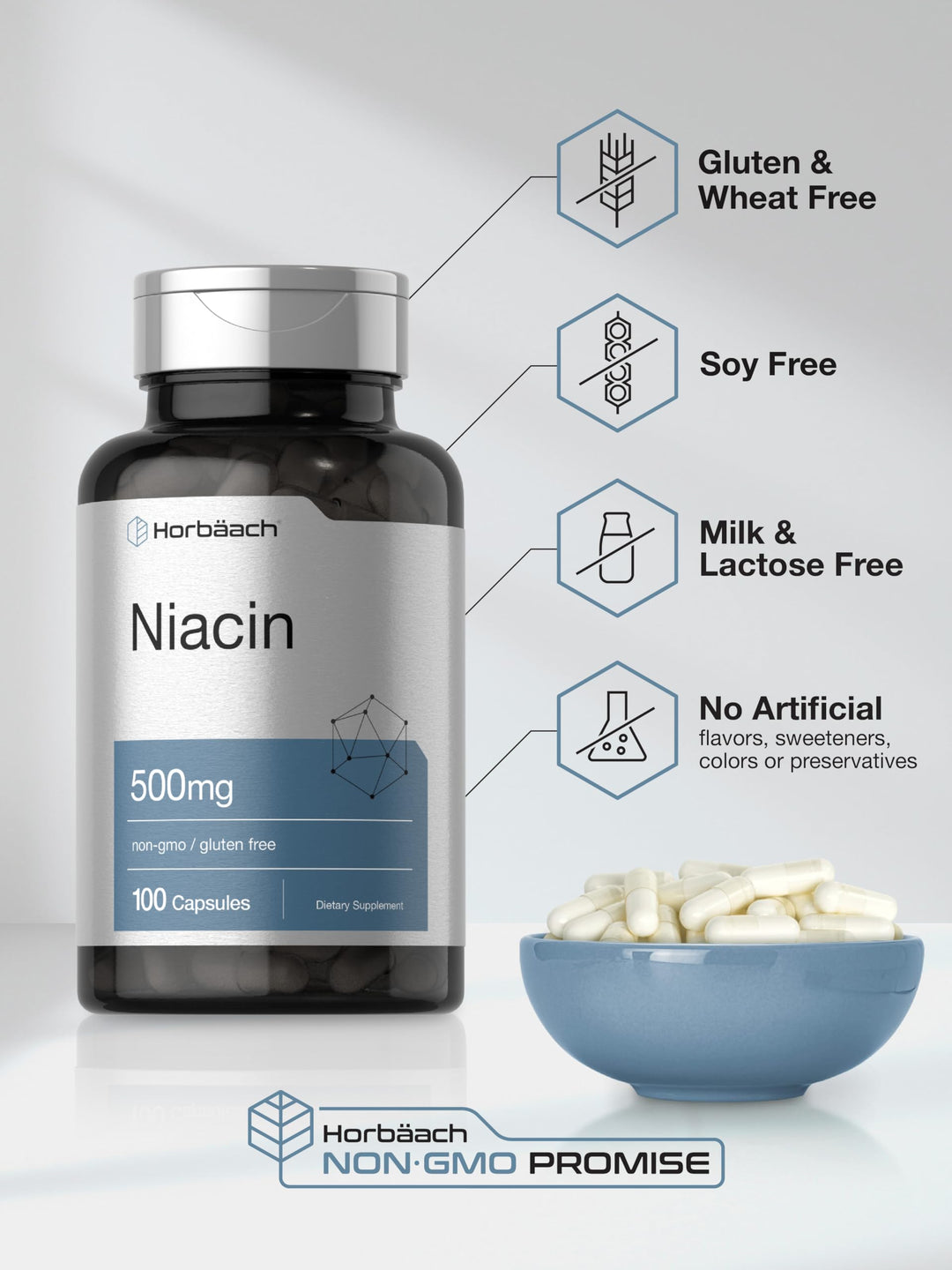 Horbäach Niacin Vitamin B3, 500 mg, 100 Count