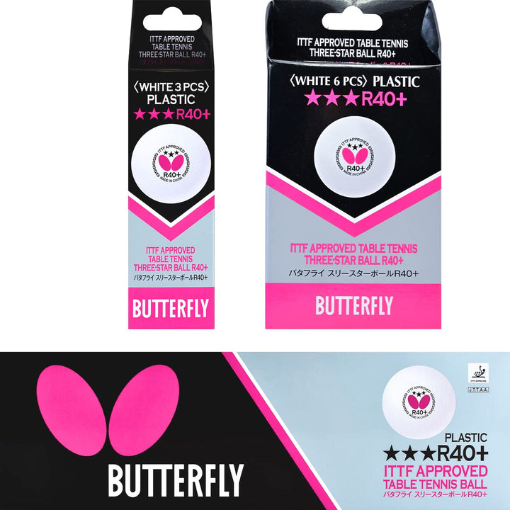 Butterfly R40+ Table Tennis Balls, White, 40mm, Pack of 3