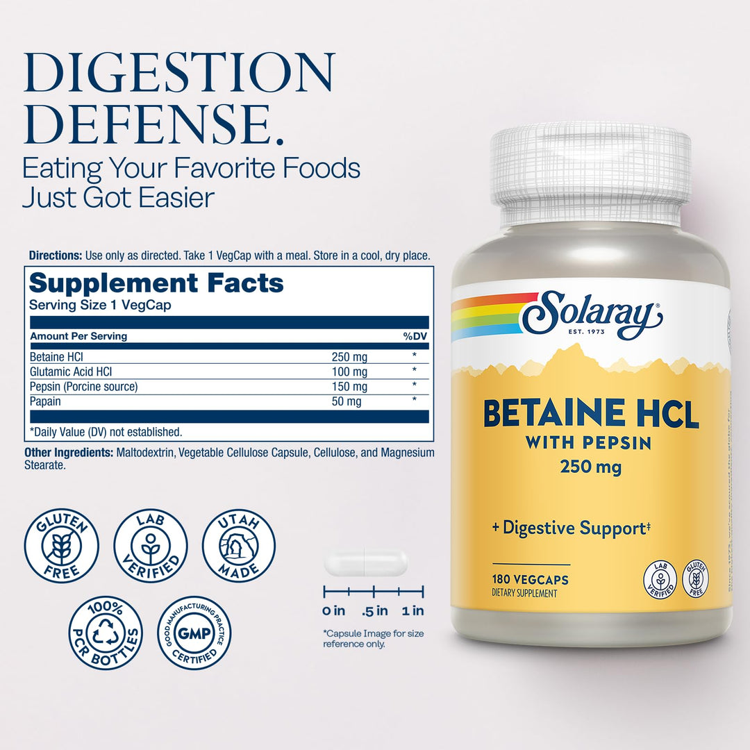 SOLARAY Betaine HCl With Pepsin, 250 mg, 180 Count