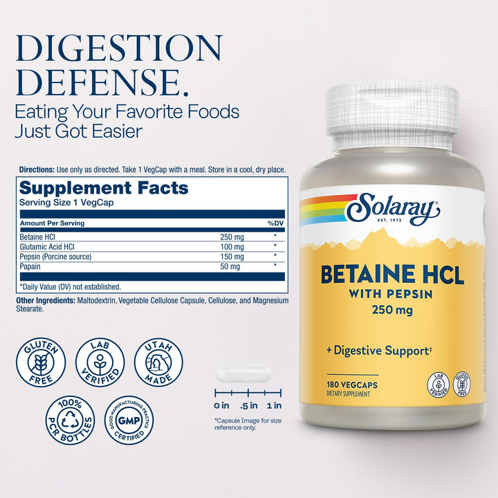 SOLARAY Betaine HCl With Pepsin, 250 mg, 180 Count