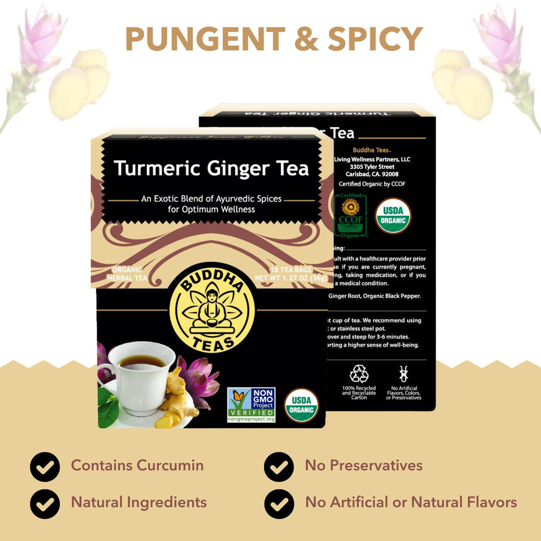 Buddha Teas Turmeric Ginger Tea, Bleach Free Tea Bags, 18 Count