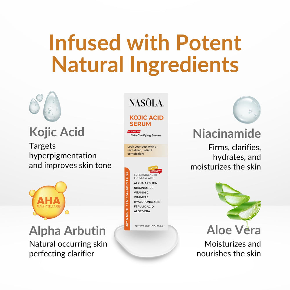 Nasola Kojic Acid Serum, Skin Clarifying Complexion Revitalization Fade Cream with Alpha Arbutin, Vitamin C & E, & Niacinamide
