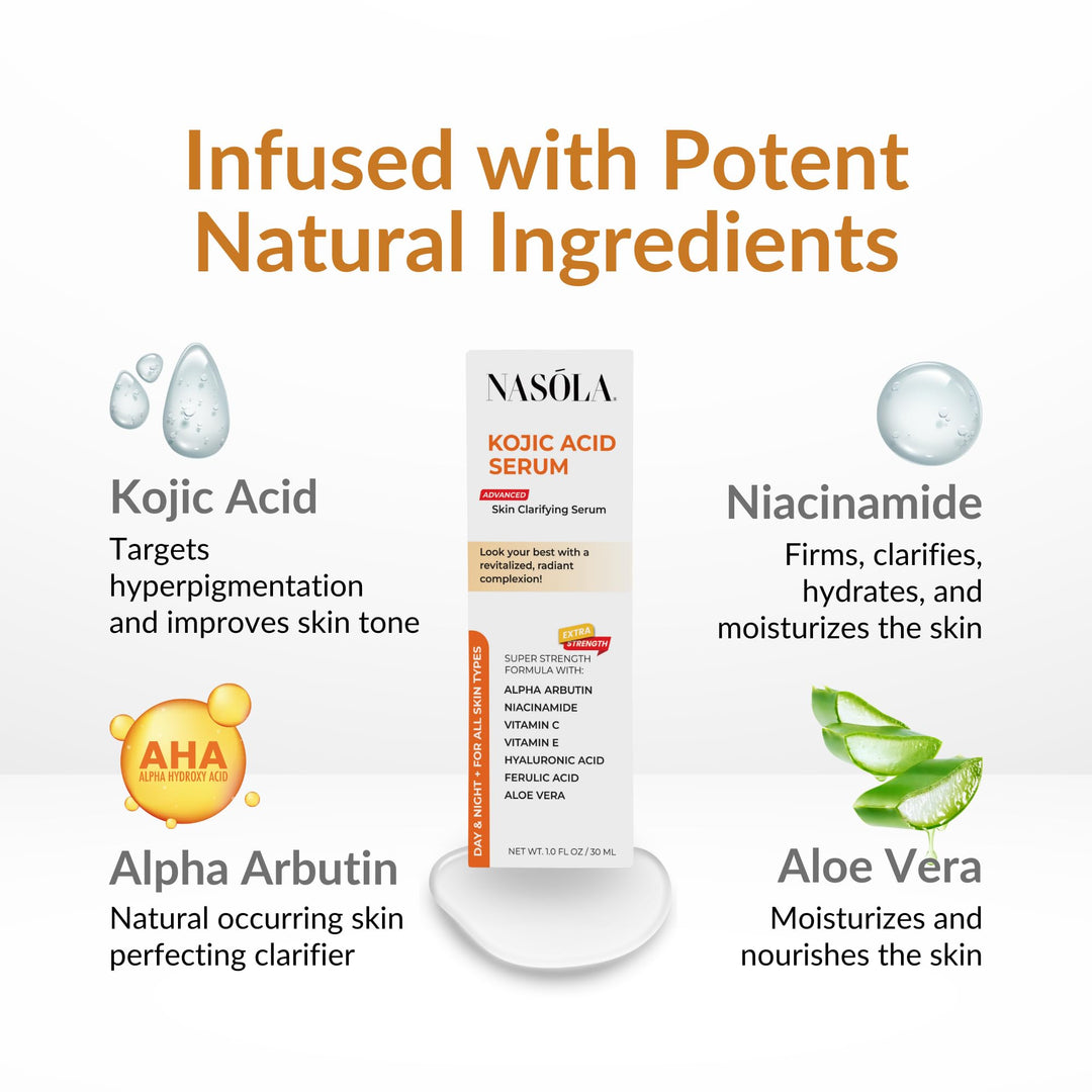 Nasola Kojic Acid Serum, Skin Clarifying Complexion Revitalization Fade Cream with Alpha Arbutin, Vitamin C & E, & Niacinamide