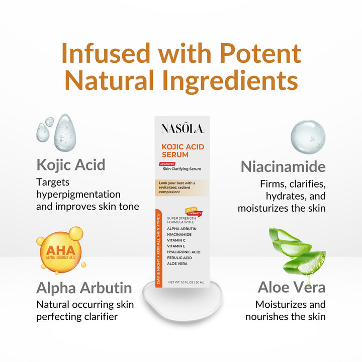 Nasola Kojic Acid Serum, Skin Clarifying Complexion Revitalization Fade Cream with Alpha Arbutin, Vitamin C & E, & Niacinamide