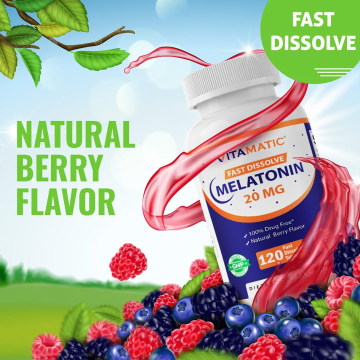 Vitamatic Melatonin 20 mg Tablets, Natural Berry Flavor, 120 Count