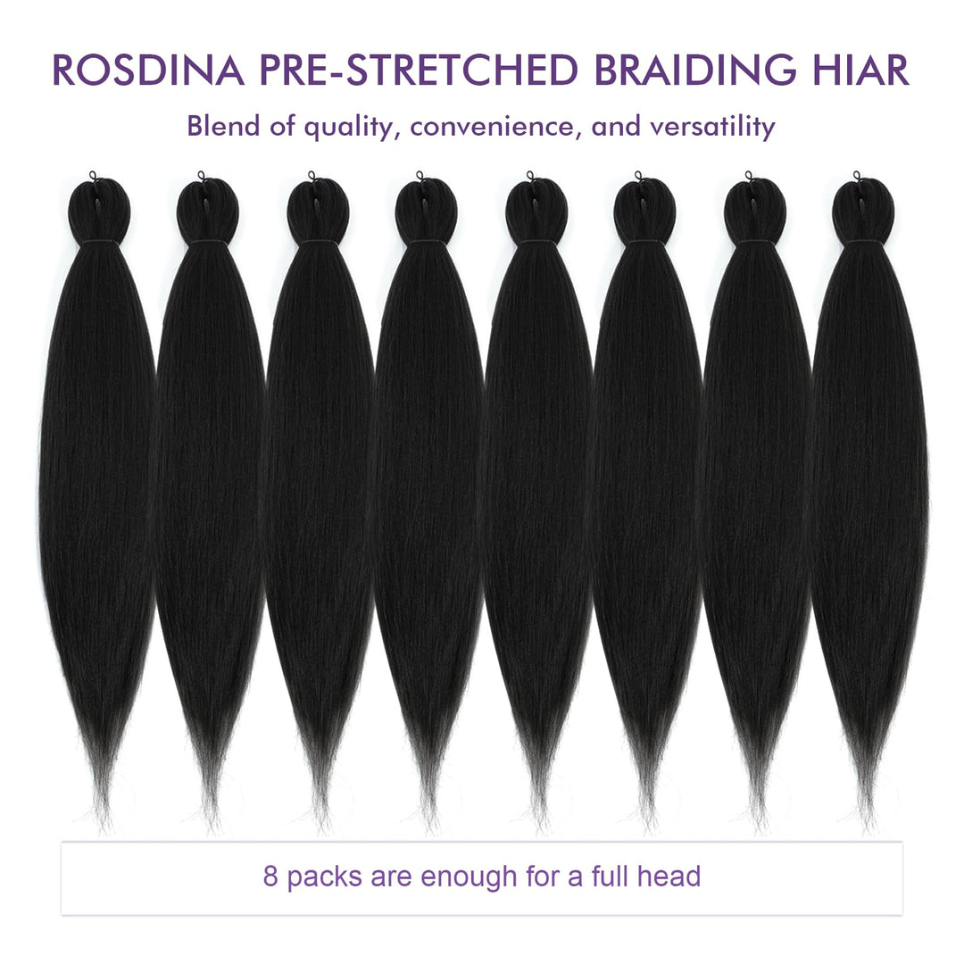 ROSDINA Pre Stretched Braiding Hair, Jet Black, 26 In, 8 Count