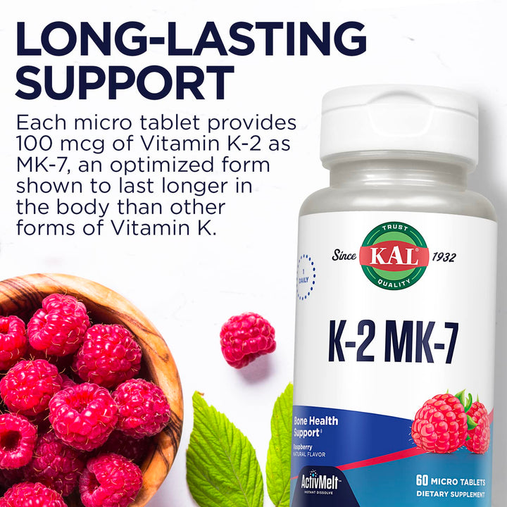 KAL Bone Support Dietary Supplement, Raspberry, 60 Count