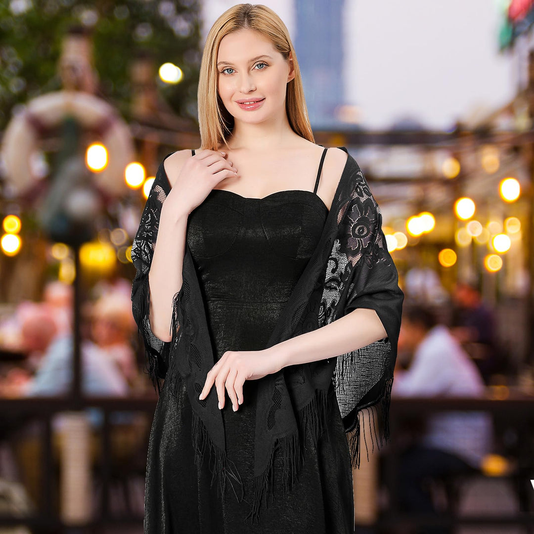 Ladiery Triangle Lace Stole, Black, 180 x 70 cm