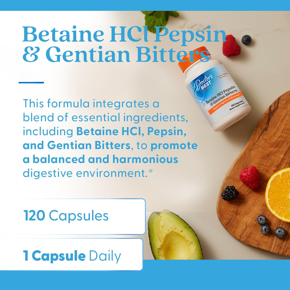 Doctor's Best Betaine HCl Pepsin And Gentian Bitters, 120 Count