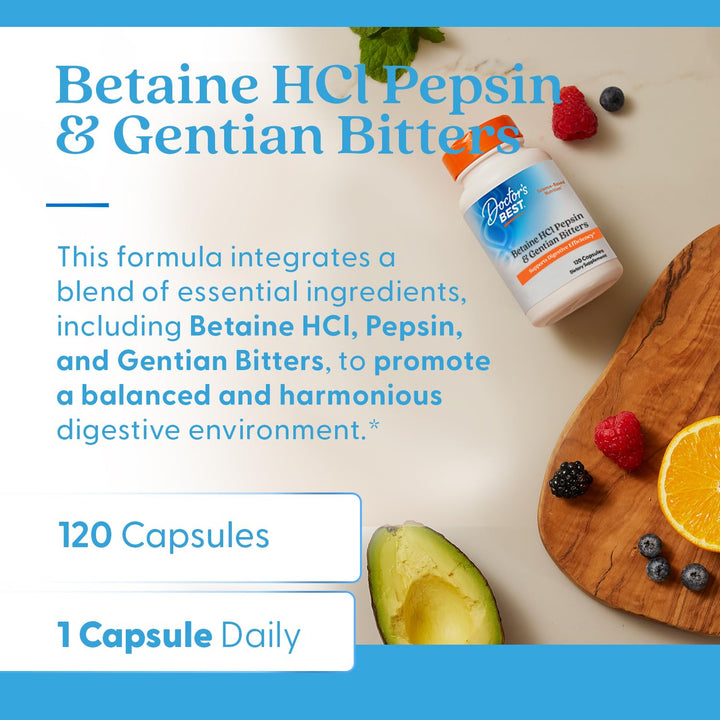 Doctor's Best Betaine HCl Pepsin And Gentian Bitters, 120 Count