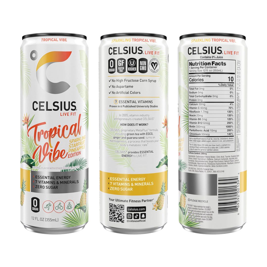 CELSIUS Sparkling Tropical Vibe Energy Drink, 12 fl oz, Pack of 12
