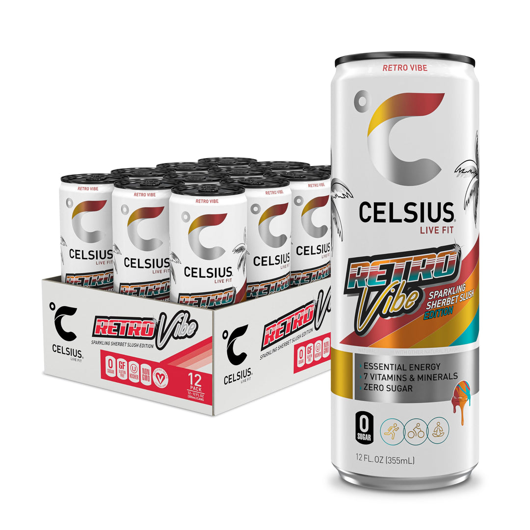CELSIUS Retro Vibe Sparkling Sherbet Slush Sugar Free Energy Drink, 12 fl oz, Pack of 12