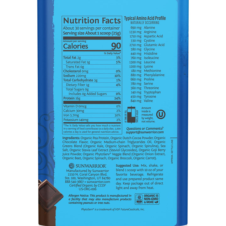 Sunwarrior Organic Protein Greens Superfood Powder, Chocolate, 30 Servings