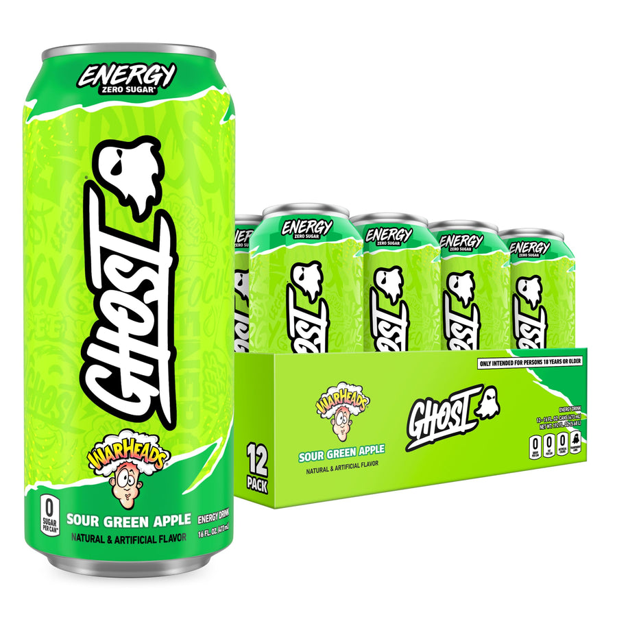 GHOST Energy Drink, Warheads Sour Green Apple, 12 Count, 16 fl oz