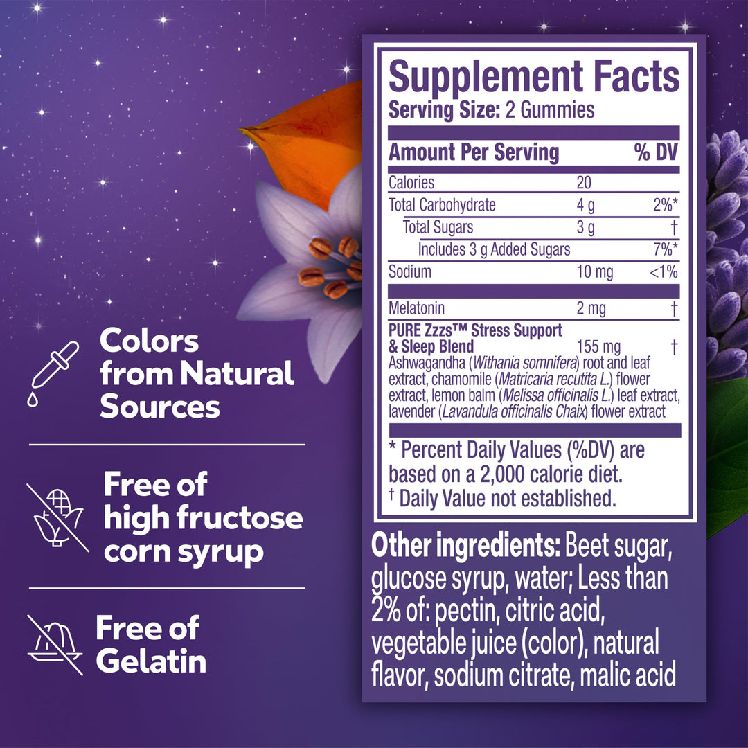 ZzzQuil Pure Zzzs De-Stress Melatonin Sleep Aid Gummies, Ashwagandha, 1 mg, 60 Count